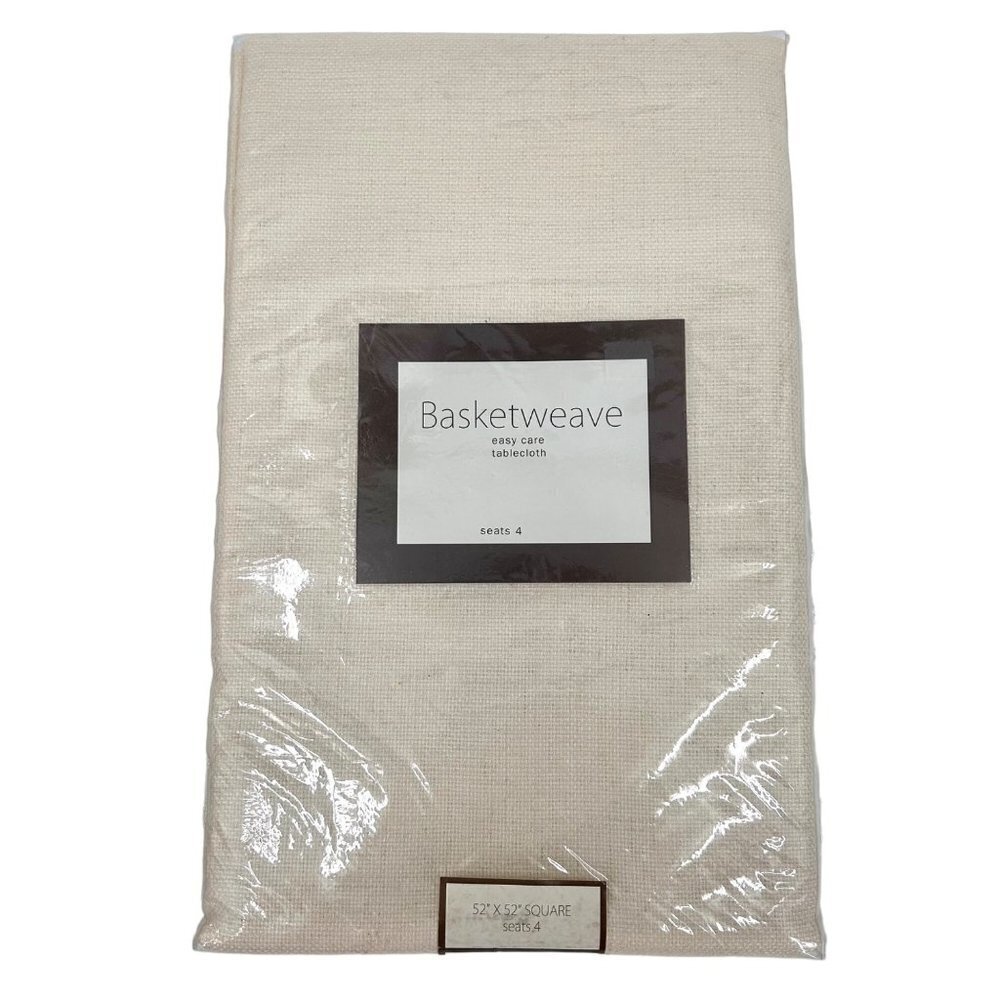 NEW IN PKG BASKETWEAVE 52" X 52" SQUARE EASY CARE OFF-WHITE TABLECLOTH